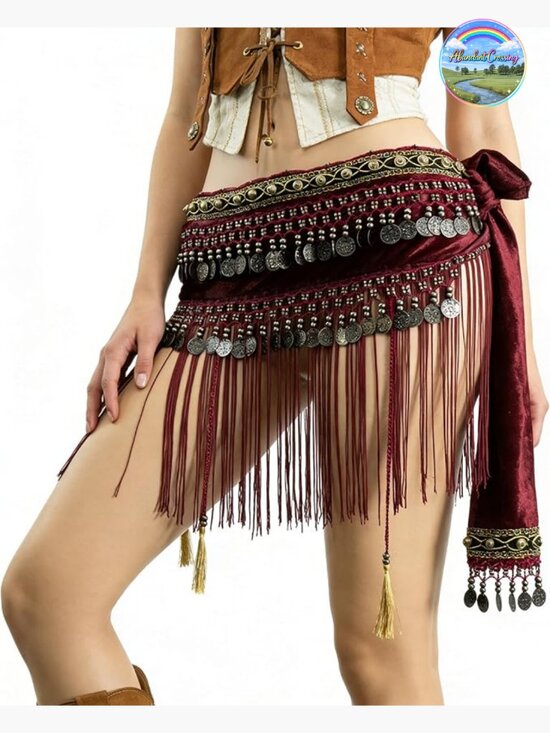 Belly Dance Belt Velvet Tassel Hip Scarf Tribal Coin Skirt Wrap